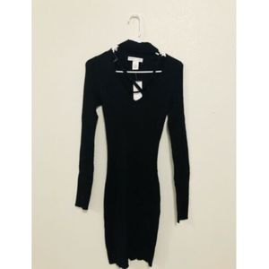 Planet Gold Black Ribbed Long Sleeve V Neck Dress